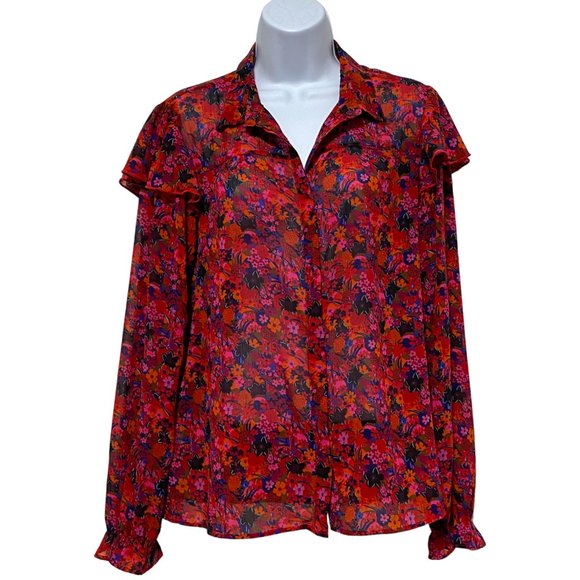 Promod-Women's Medium Button Top Collared Light Weight Long Sleeve Floral Design - Picture 1 of 4